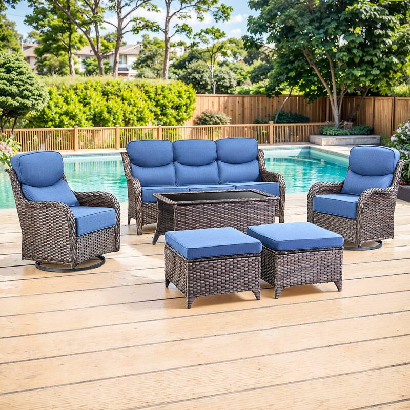 Gymojoy 6-Piece Patio Furniture Set with Swivel Glider Chairs, 6-Inch Ultra-Plush Cushions & Water-Resistant Olefin Fabric - Brown Wicker / Blue Cusion - 6-Piece