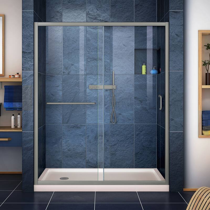 DreamLine Infinity-Z 30 in. D x 60 in. W x 74 3/4 in. H Sliding Shower Door and Shower Base Kit - Left Drain Base - Nickel, Biscuit Base, Left Drain