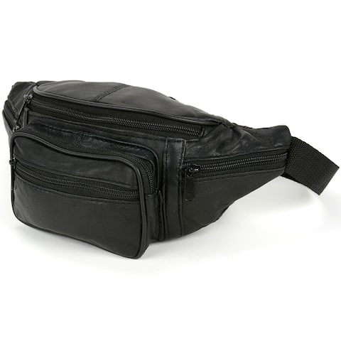 Leather Fanny Pack Waist Bag 6 Pockets Adjustable Belt Strap Travel Pouch Black - One Size