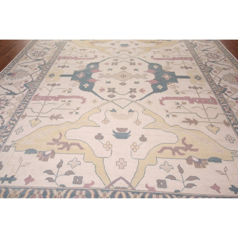 All-Over Ivory Oushak Indian Large Area Rug Handmade Wool Carpet - 12'0" x 14'10"