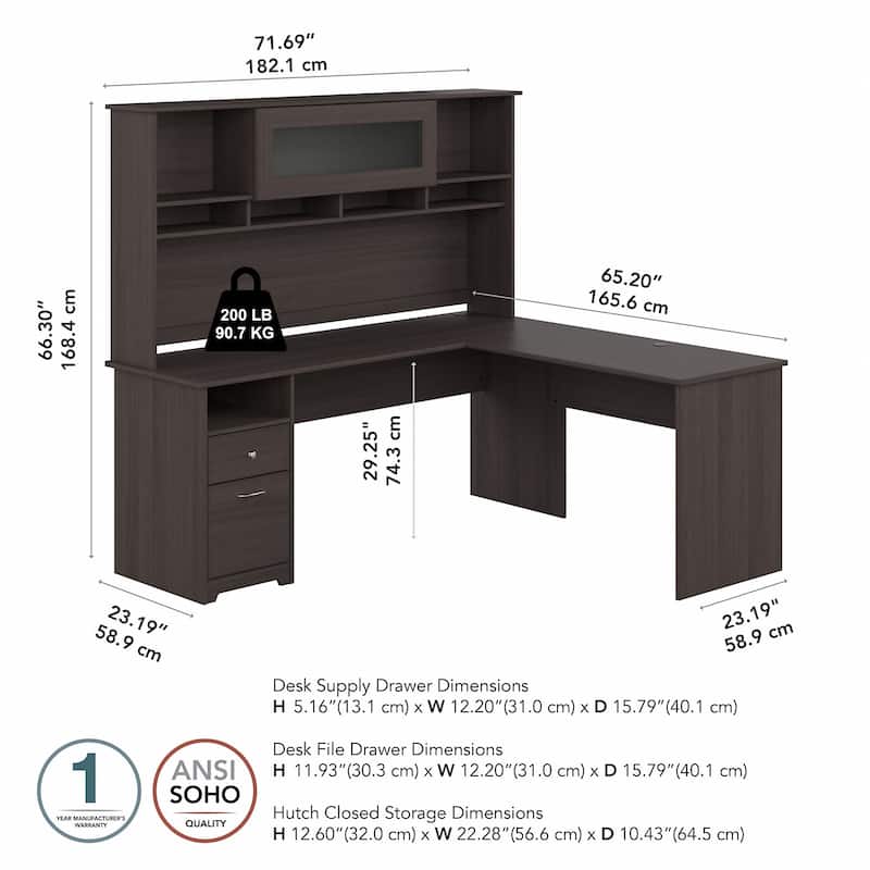 72W L-shaped Computer Desk with Hutch and Drawers by Bush Furniture