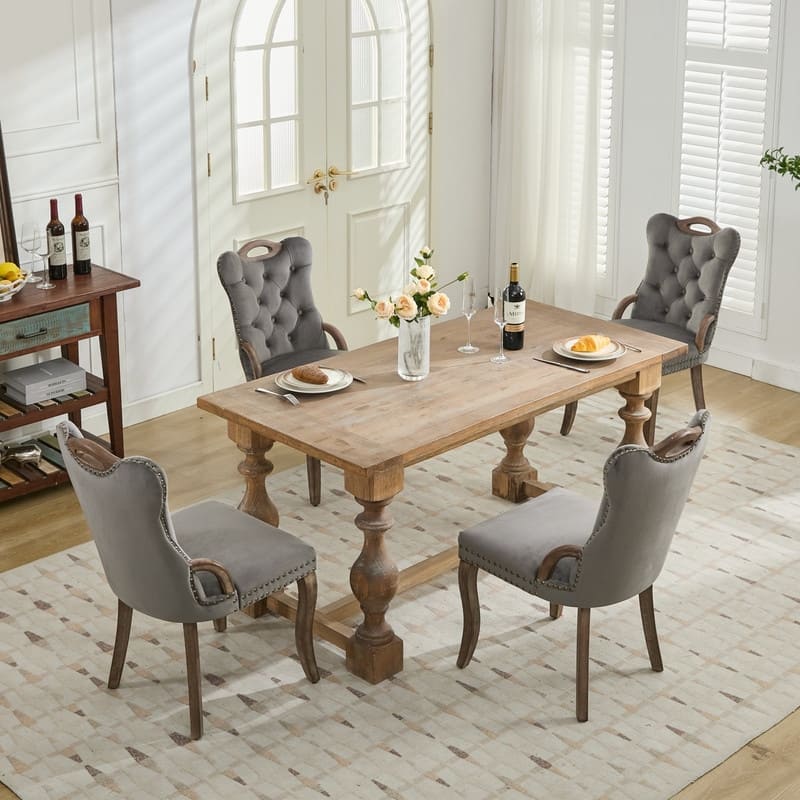 Velvet Dining Chairs with Tufted Trim & Copper Nail Accents - Set of 2