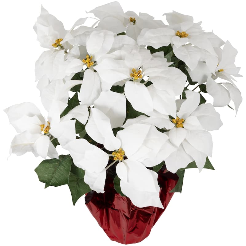 22" White Artificial Christmas Poinsettia Flowers Red Wrapped Base