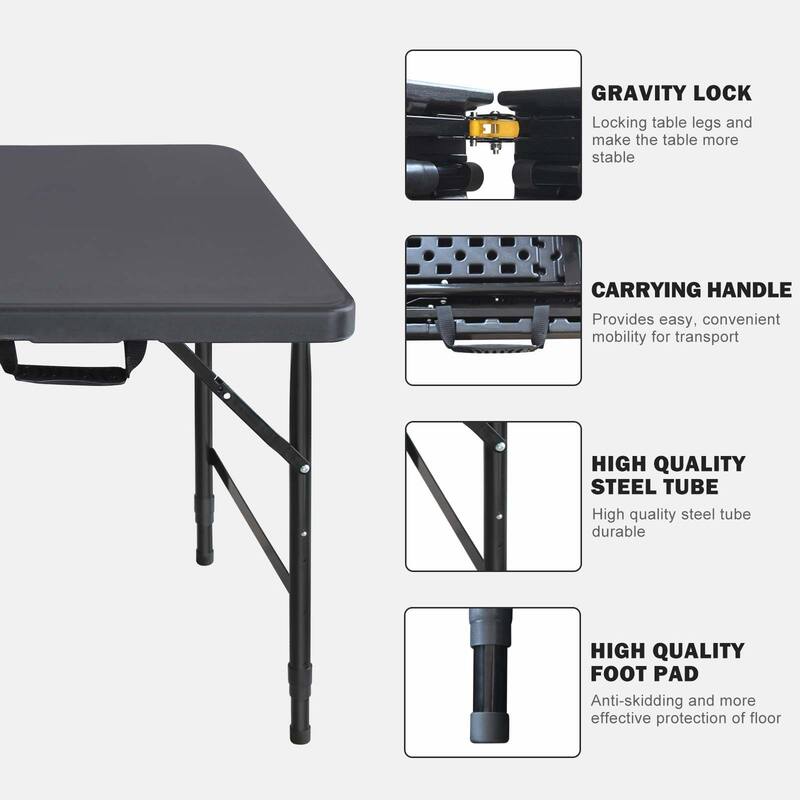 Black Plastic Folding Table, Rectangular Patio Table with Steel Tube Legs and Carry Handle