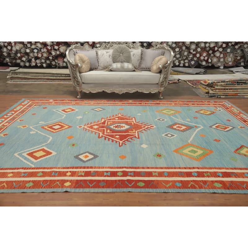 Hand Woven Oriental 100% Wool Carpet Southwestern Tribal Navy Blue & Blues Kilim Area Rug - 13' 4'' X 9' 11''