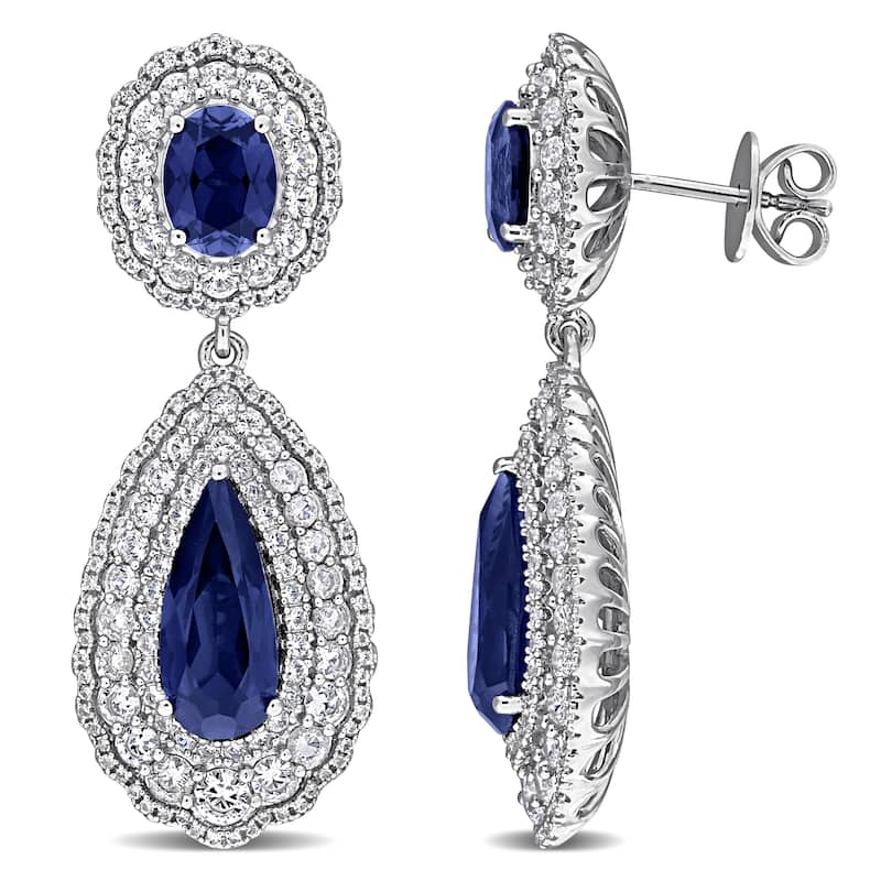 Miadora 19 1/4ct TGW Created Blue and White Sapphire Drop Earrings Sterling Silver