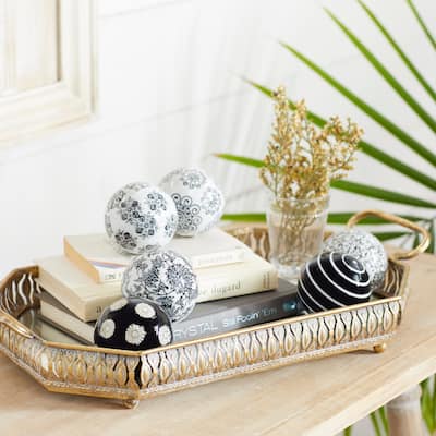 Black or Blue Ceramic Handmade Glossy Decorative Ball Orbs & Vase Filler with Varying Patterns (Set of 6)