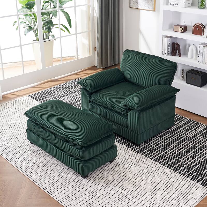 56.3 Inch Corduroy Single Deep Seat Sofa Chair With 2 Toss Pillows and a Ottoman
