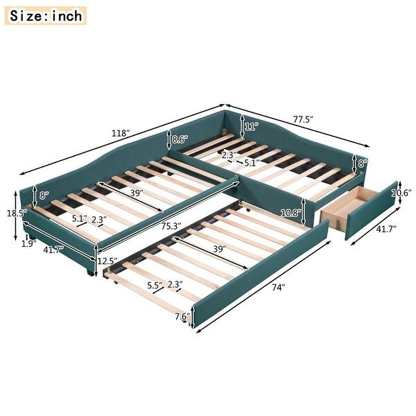 dimension image slide 0 of 2, Upholstered Double Twin Size Daybed with Trundle and Drawer
