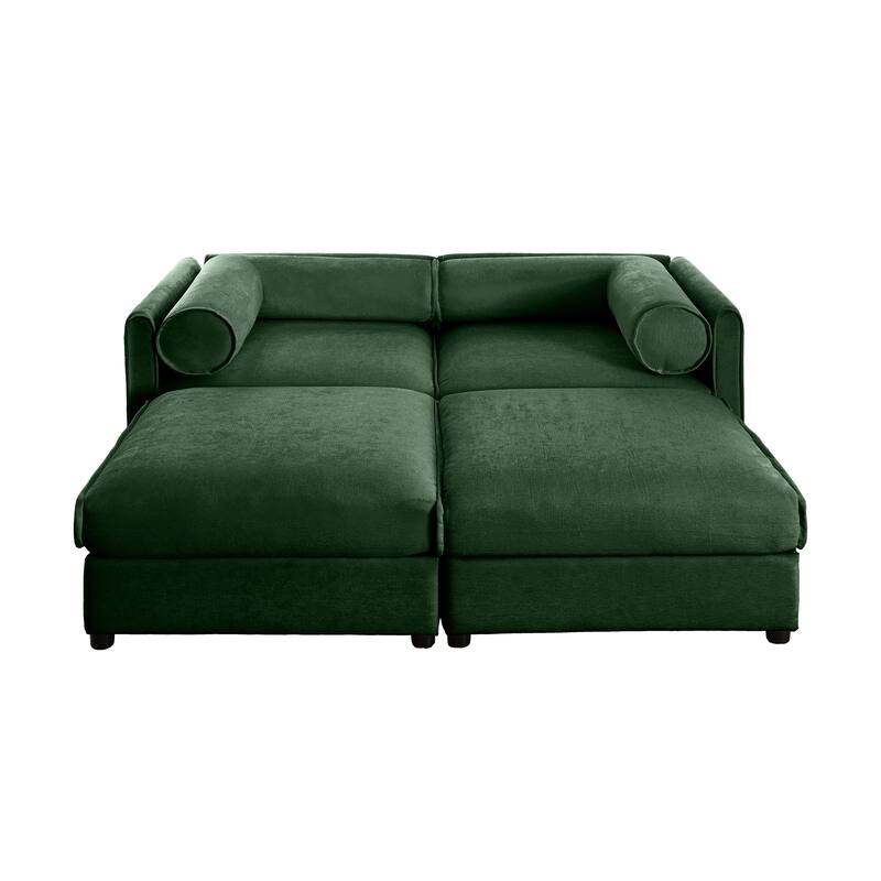 75.5" Chenille 2-Seater Sofa with 2 Ottomans & Cylindrical Back