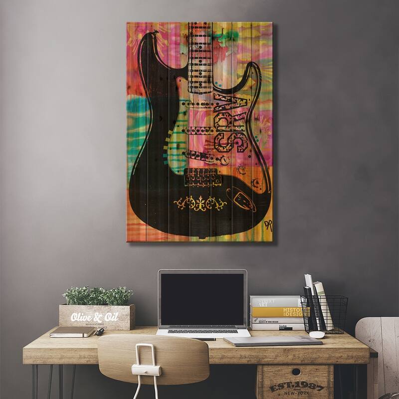 SRV Guitar Print On Wood by Dean Russo - Multi-Color