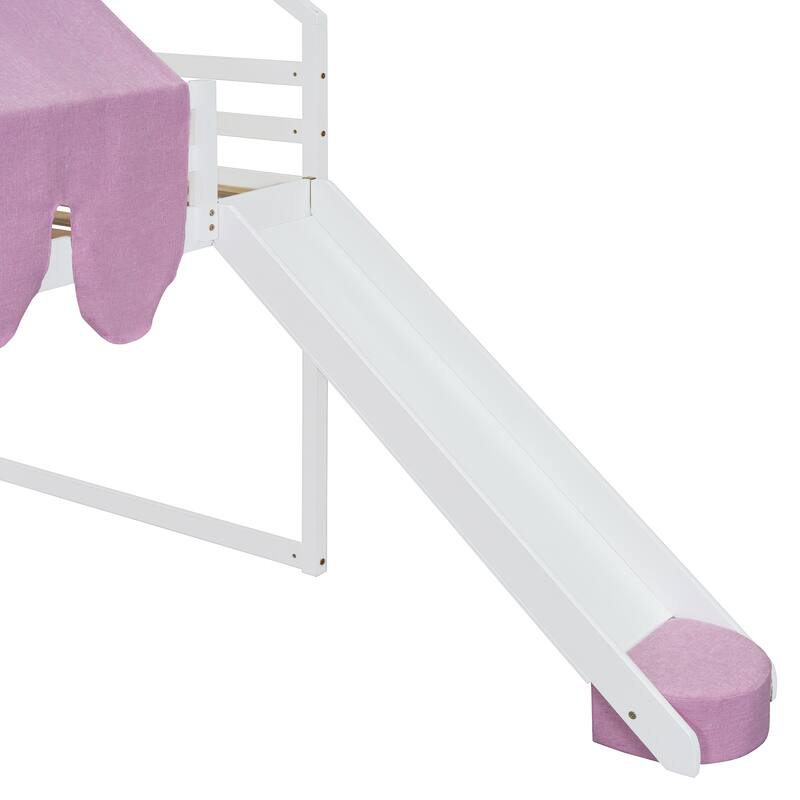 Full Size Loft Bed with Slide, Tent, and Storage Shelves - House Frame Kids Bed with Ladder and Car-Shaped Organizer