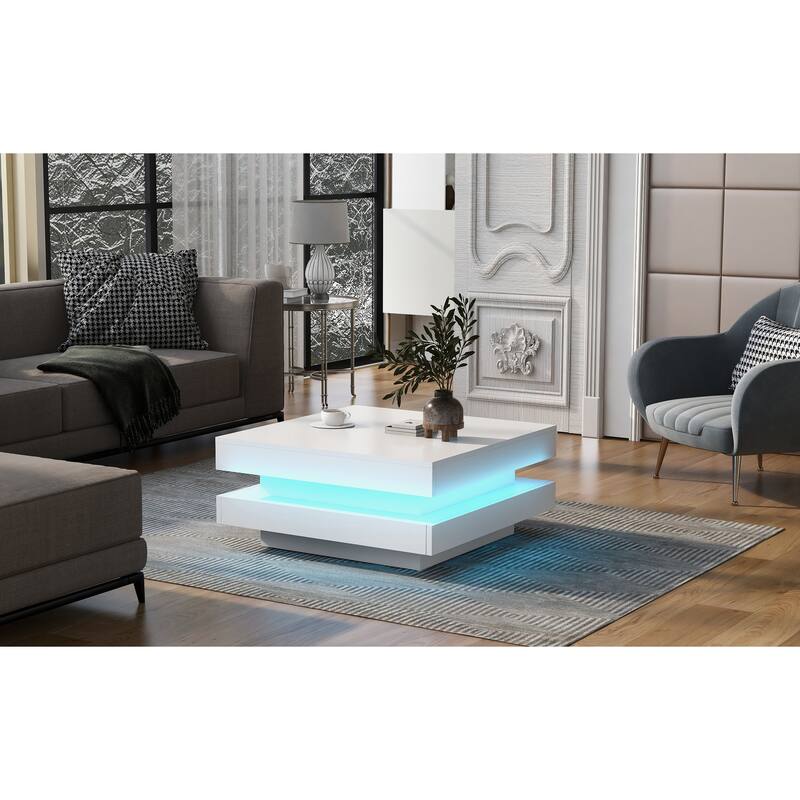 Roomfitters Modern Square Coffee Table with High Gloss Finish, 2-Tier Center Table with Lighting for Stylish Living Room