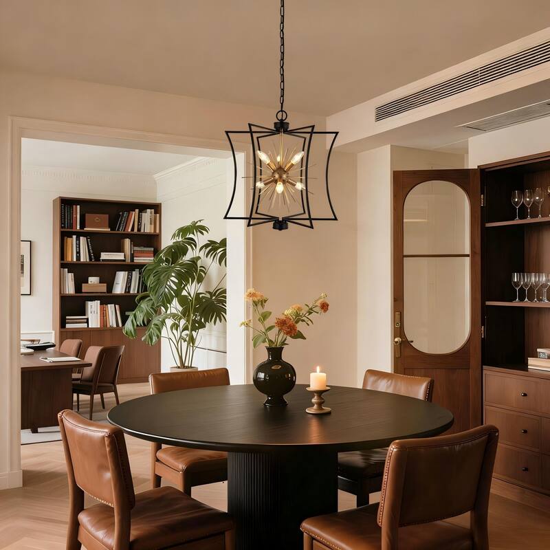 Modern Farmhouse 6-Light Black Gold Sputnik Chandelier Metal Cage Pendant Lighting for Dining Room - 20.5" D x 21.5'' H