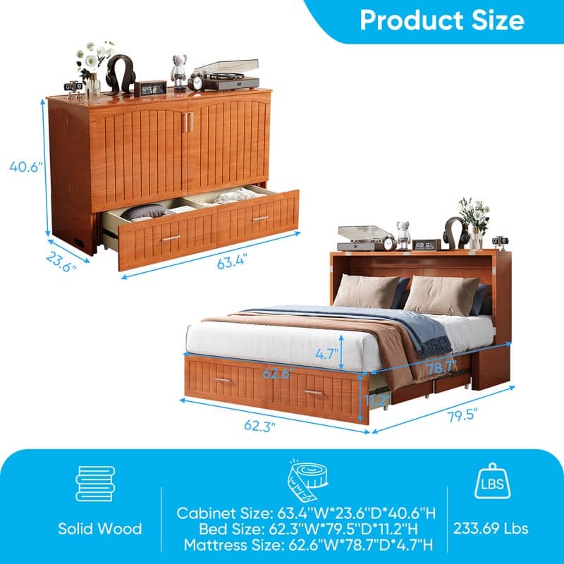 Mixoy Queen Modern Murphy Bed Cabinet with Charge Station,Mattress,Drawers