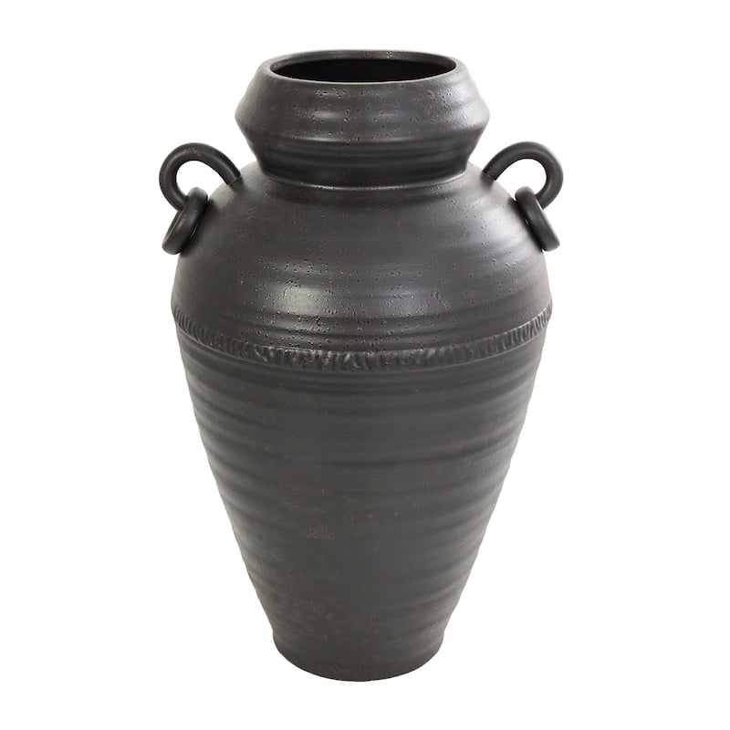 Black Ceramic Amphora Vase with Speckled Texture and Ring Handles