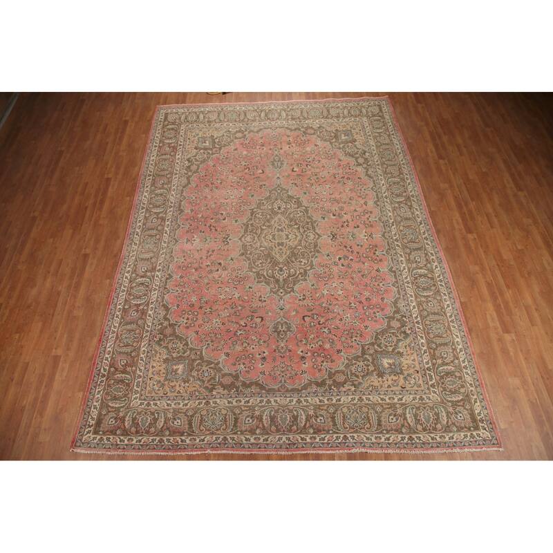 Hand Knotted Oriental 100% Wool Carpet Traditional Floral Pink Mashad Area Rug - 13' 0'' X 9' 7''