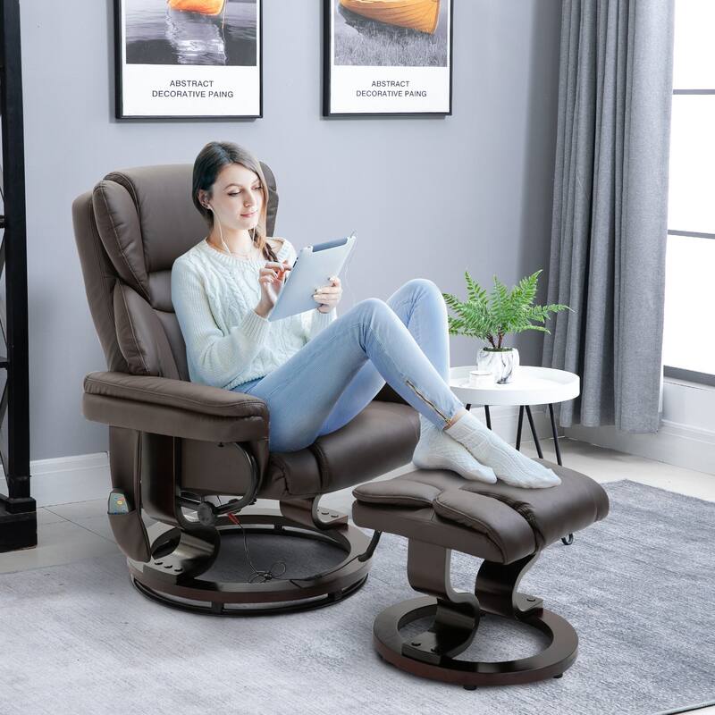 Small Faux Leather Recliner with Ottoman, 10-Zone Massage, 360° Swivel, and Remote Control
