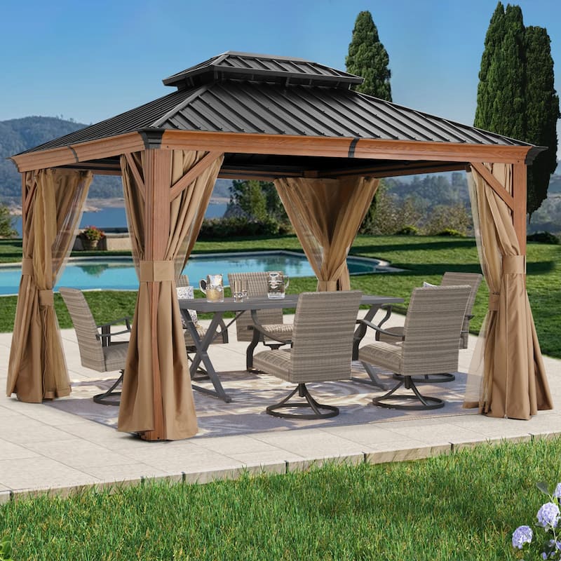 ABCCANOPY Outdoor Hardtop Gazebo with Galvanized Steel Double Roof - 10x12 - Wood Grain