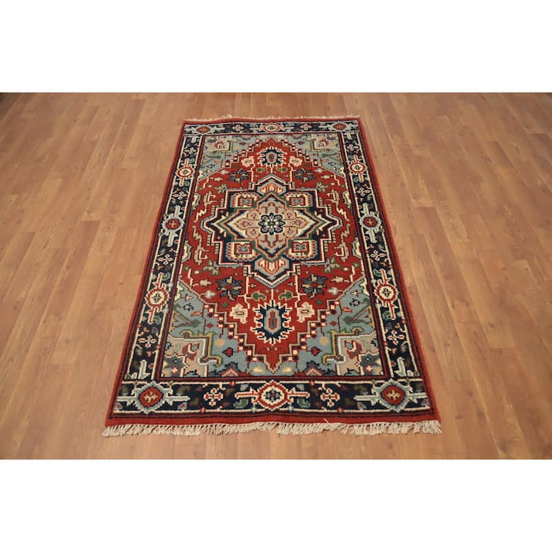 Hand Knotted Oriental 100% Wool Carpet Traditional Medallion Oranges & Rust Heriz (serapi) Area Rug - 5' 1'' X 3' 0''