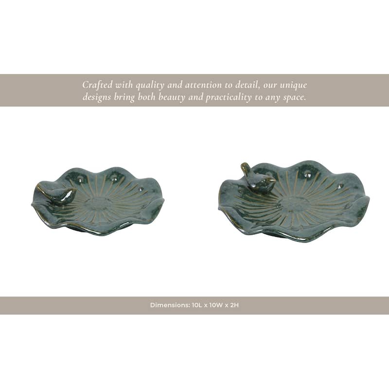 Stoneware Flower Birdbath Perched Bird in Glaze Finish - 10" Green - 10" x 10" x 2"