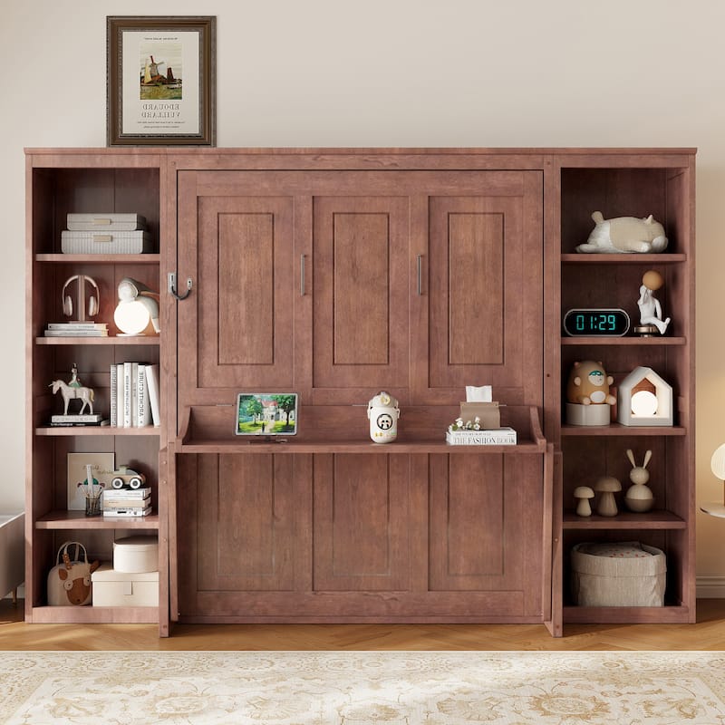 Dark Brown Murphy Bed with Bookshelf and Desk
