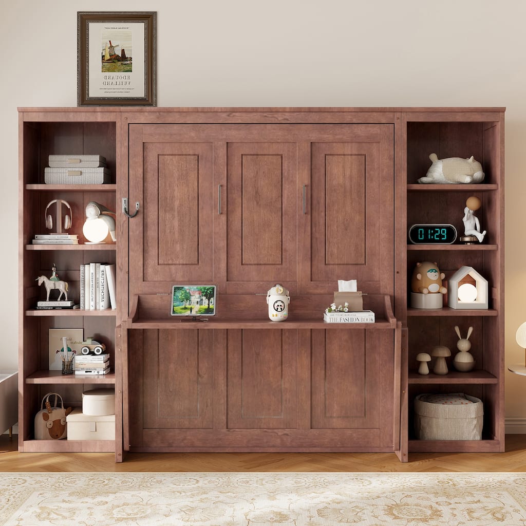 Roomfitters Full/Queen Size Murphy Bed with Desk and Bookshelf Storage, Space Saving, Dark Brown