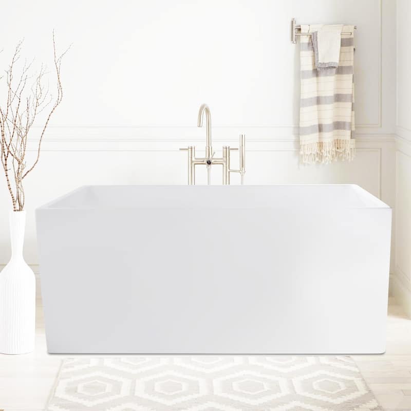 Vanity Art 55" x 29" White Acrylic Flatbottom Freestanding Bathtub - White/Brushed Nickel