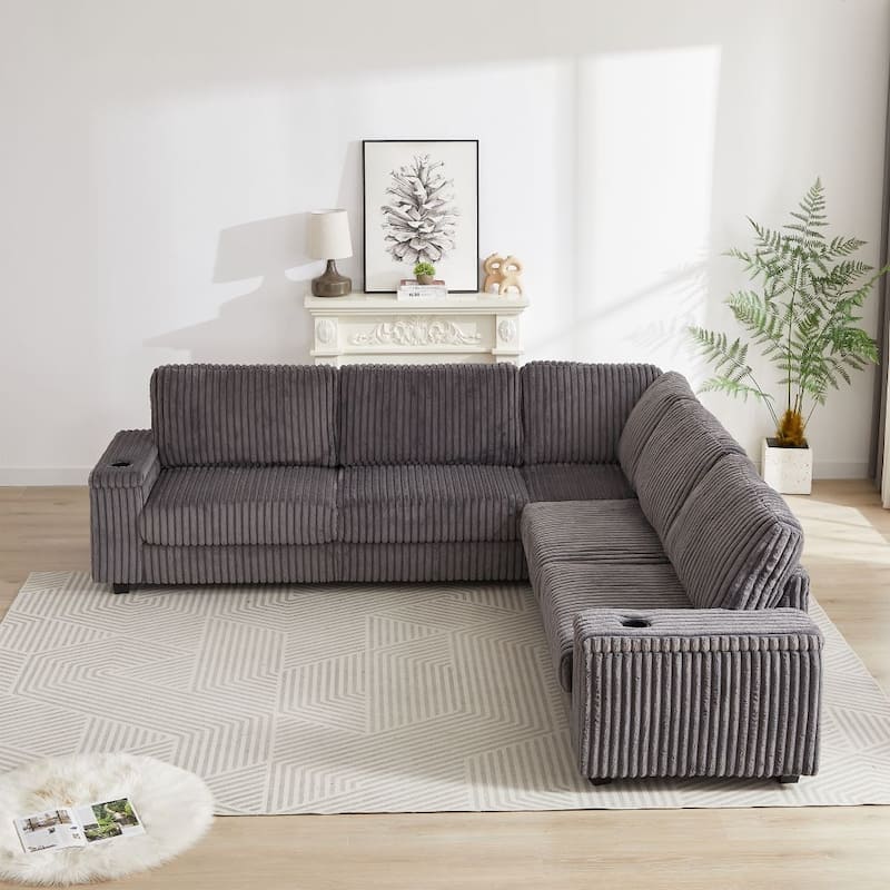 110-Inch L-Shape Oversized Corduroy Corner Sofa with Two Storage Spaces,USB Port, Type-C Port and Cup-Holder