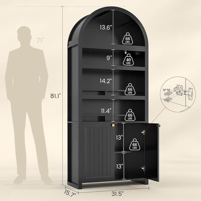 Tall Arched Cabinet Bookcase with storage Bookshelf 2 Door