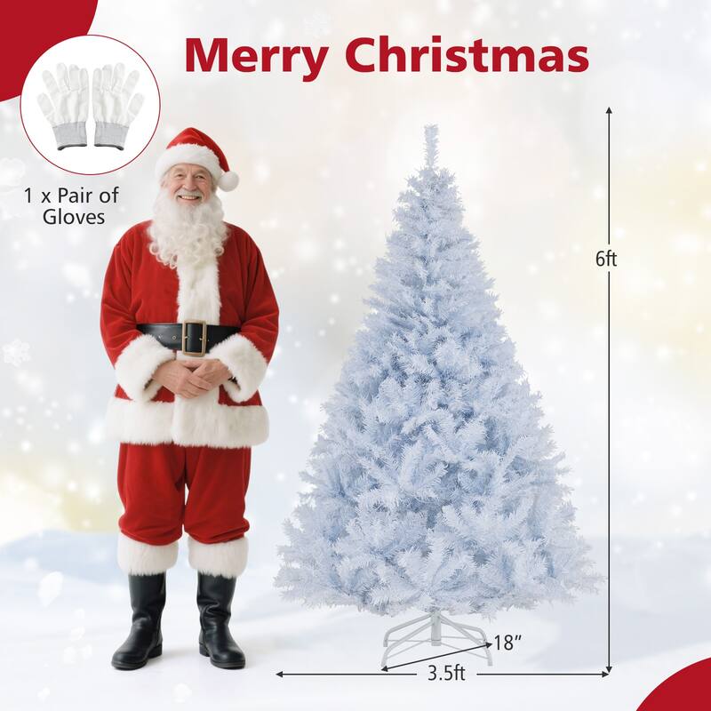 Gymax 7 FT Pre-Lit Artificial Christmas Tree Hinged White Xmas Tree w/