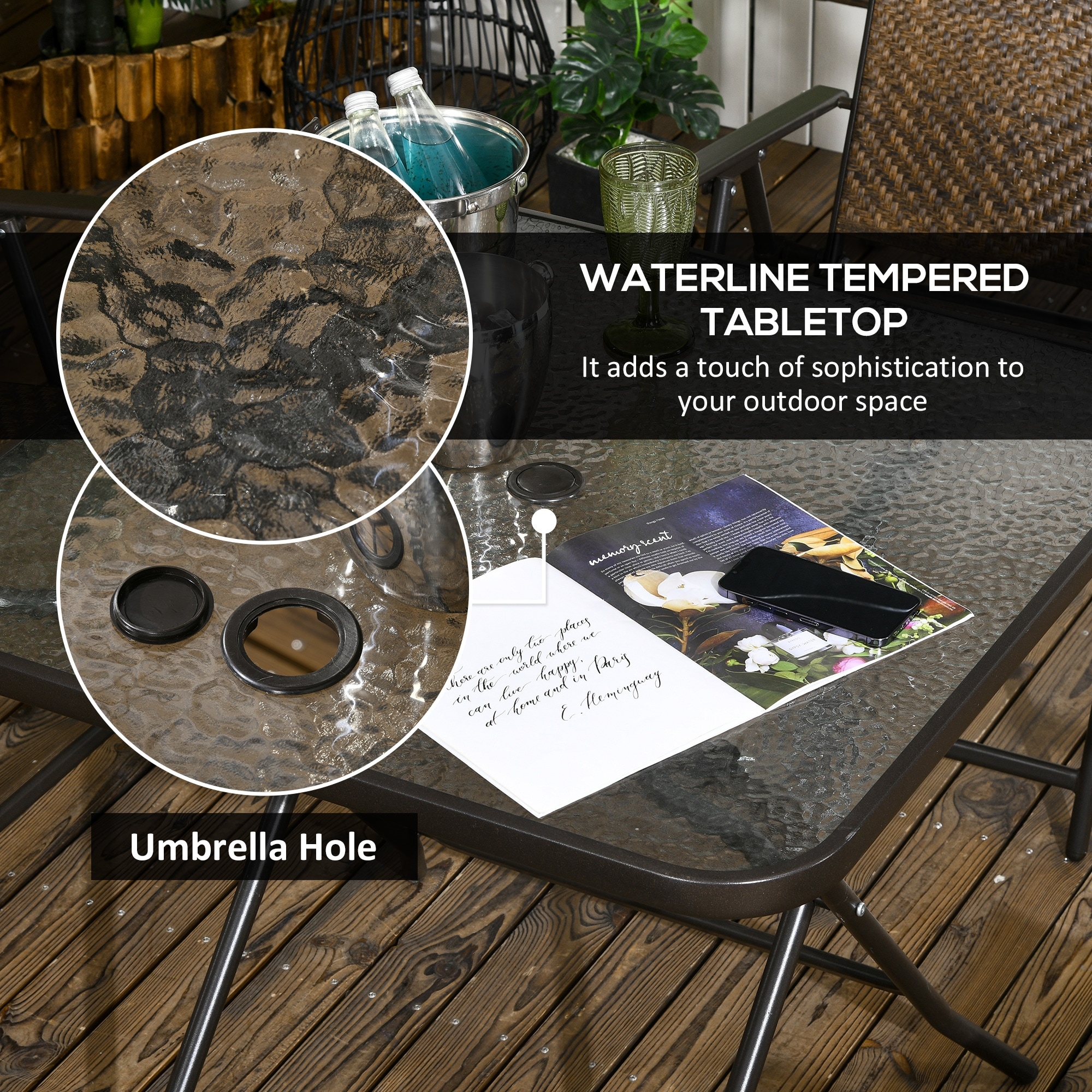 fold up patio table umbrella hold Textilene Dining Set of 7 with Hole, Wood-Grain Tableto Nuu Garden elegant water ripple glass and a standard 1.65 Outus Patio Table Umbrella Hole