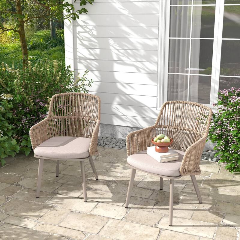 Outdoor 2-piece Dining PE Wicker Arm Chair with Cushion