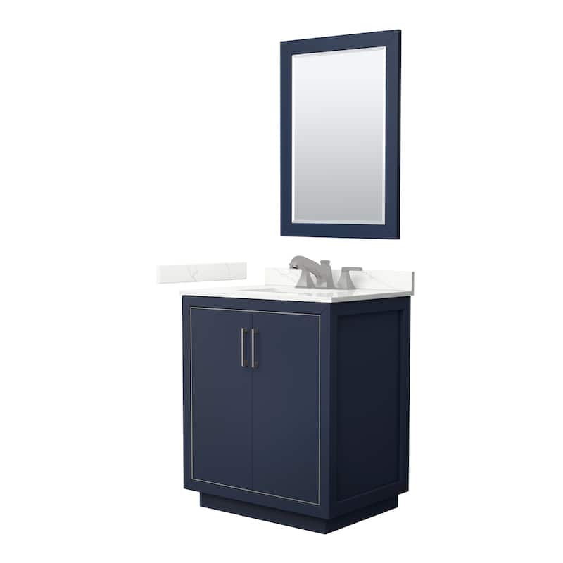 Icon 30-inch Single Vanity, Quartz Top, 24-inch Mirror - Dark Blue, Nickel Trim, Giotto Quartz Top