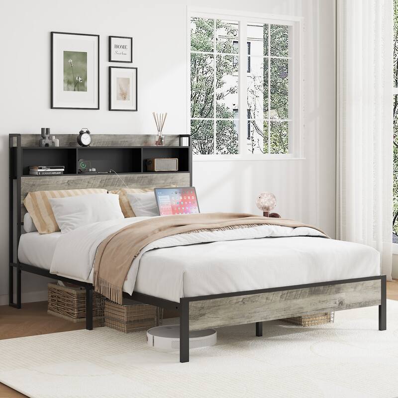 Roomfitters Metal Bed Frame with Storage Headboard, Charging Station, No Box Spring Needed, Easy Assembly, Grey - Full