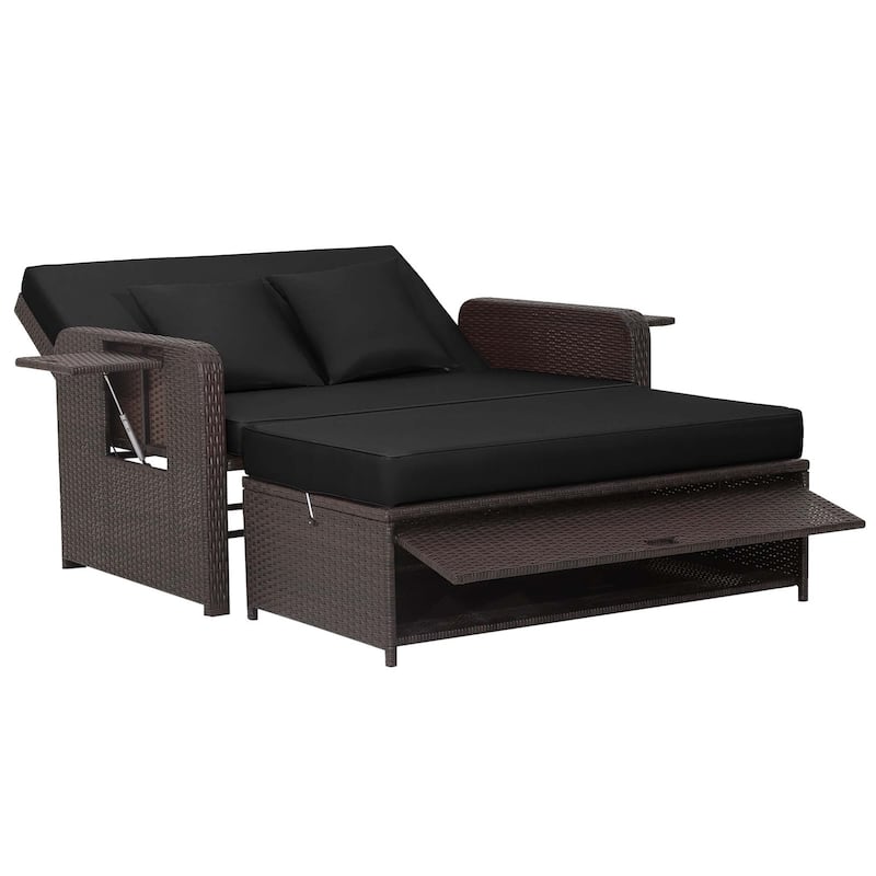 Rattan Two-seat Patio Chaise with Storage and Extending Side Tables - Black