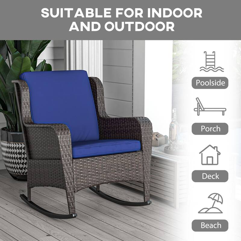 Outsunny Outdoor Wicker Rocking Chair with Wide Seat, Thick Cushions, Rattan Rocker with Steel Frame, High Weight Capacity f