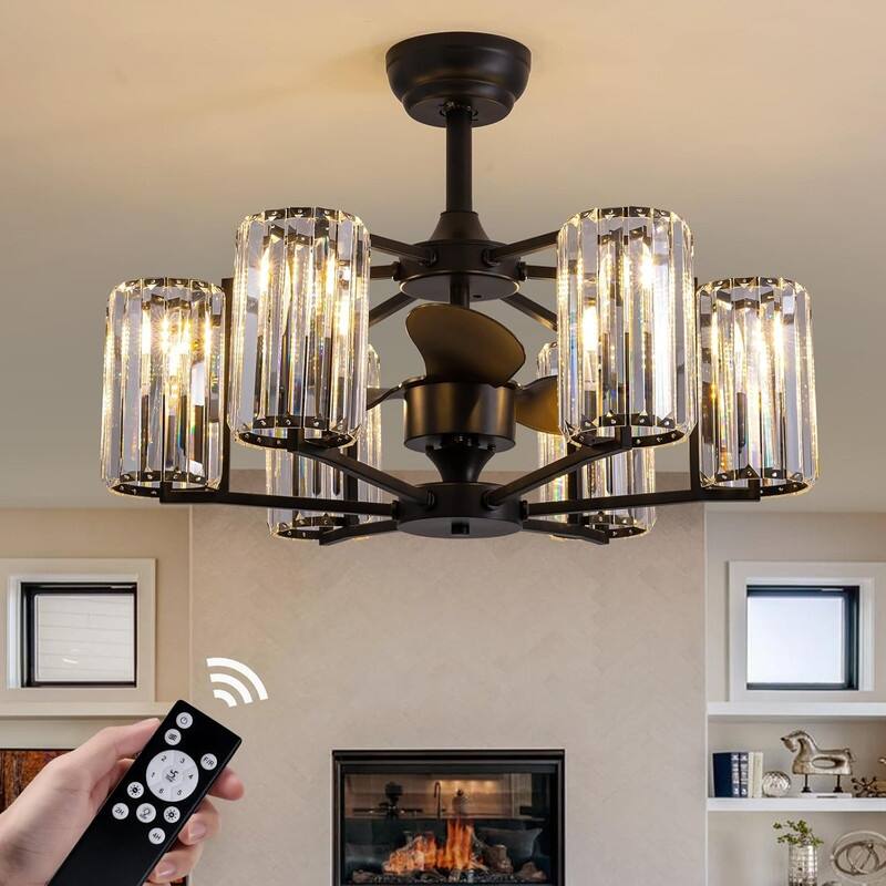 27" Crystal Ceiling Fan with Light and Remote Control 6-Light Black Caged Fandelier Luxury Ceiling Fan for Living Room Kitchen
