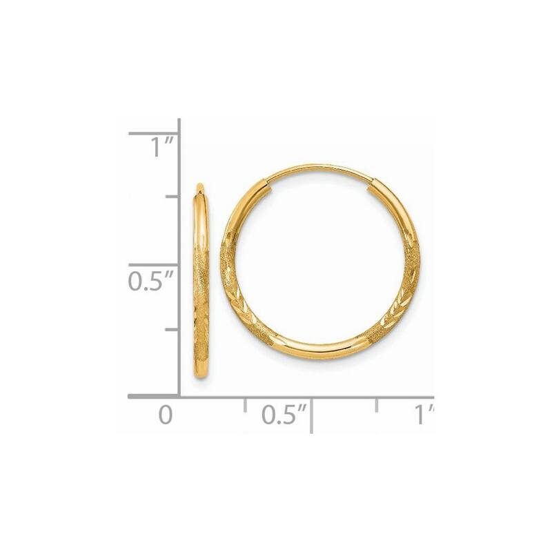 Curata 14k Yellow Gold Polished tube 1.5x17mm Satin Sparkle Cut Endless Hoop Earrings