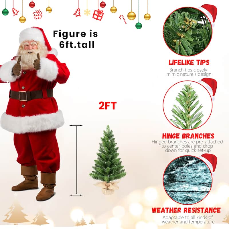 Set of 2 Tabletop Christmas Trees, 2FT Small Artificial PVC Green Trees with 68 Tips Each, Burlap-Wrapped Cement Base
