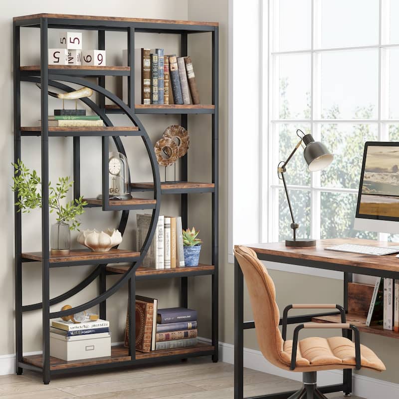 Industrial Etagere Bookcase with 8-Open Storage Shelf, Tall Geometric Book Shelves