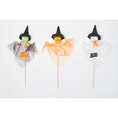 24" Halloween Figures, Ghost, Cat, Pumpkin, on Stick, Set of 3