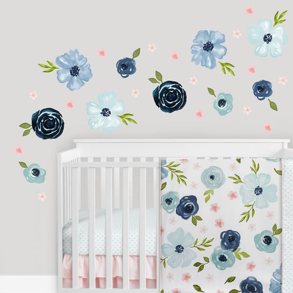 slide 2 of 4, Blue Watercolor Floral Collection Wall Decal Stickers (Set of 4) - Blush Pink Navy Green White Shabby Chic Rose Flower Farmhouse