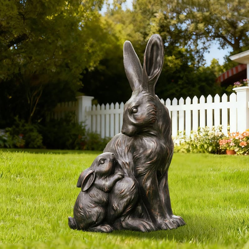 Glitzhome MGO Bronze Mom and Baby Rabbit Statue Standing Bunny Figurine