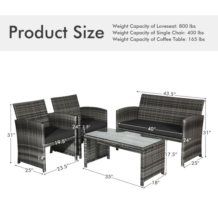 4 Pieces Patio Rattan Furniture Set with Glass Table and Loveseat - 43.5" x 25"x 31" (L x W x H)