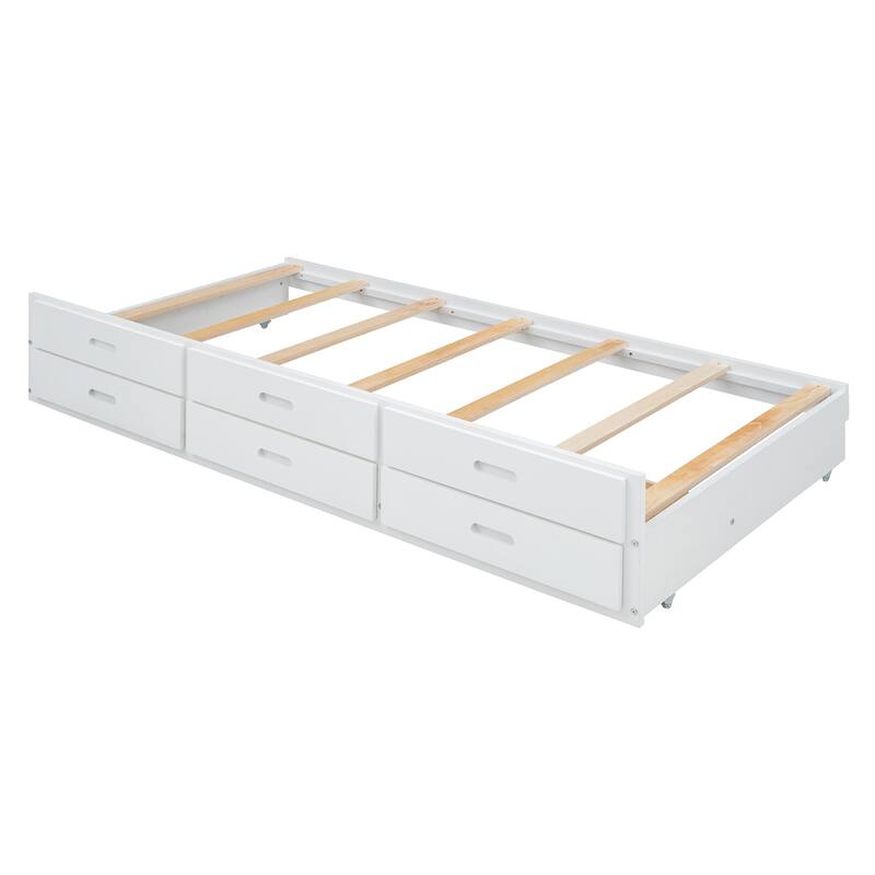 Modern Wooden Bed with Trundle with Three Storage Drawers