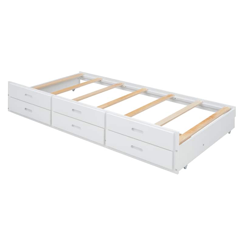 White Twin Size Extendable Wooden Platform Bed with Storage Headboard,Three Storage Drawers and Trundle