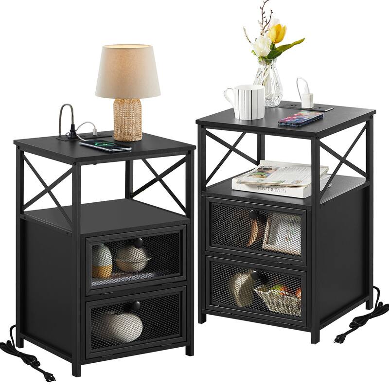 Nightstand with Charging Station, Small Night Stand with Storage Drawers and Shelf, Bedside Table with USB Ports & Outlets - Black - 2-drawer