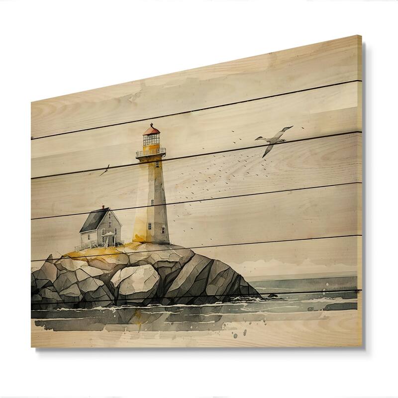 Designart 'Lighthouse On The Coast II' Beach Light House Wood Wall Art