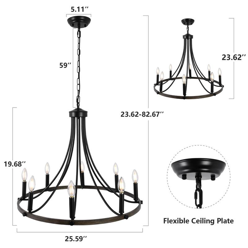 8-Light 25.59 in. Rustic Wagon Wheel Chandelier for Kitchen Living Room